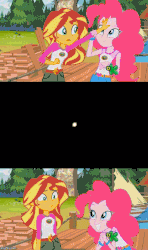 Size: 430x725 | Tagged: safe, edit, edited screencap, screencap, pinkie pie, sunset shimmer, equestria girls, g4, my little pony equestria girls: legend of everfree, animated, discovery kids, dreams of chronic and sustained cruelty, female, gif, heavy weapons guy, meet the pyro, meme, pinkie pyro, pyro (tf2), pyroland, seems legit, sunset sees things, team fortress 2, xk-class end-of-the-world scenario