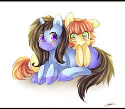 Size: 691x599 | Tagged: safe, artist:meewin, oc, oc only, earth pony, pony, unicorn, blushing, prone