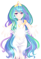 Size: 2894x4093 | Tagged: safe, artist:aunmoon, princess celestia, human, g4, belly button, clothes, dress, eye clipping through hair, female, hug request, humanized, looking at you, magic, simple background, smiling, solo, transparent background