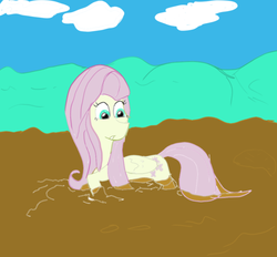 Size: 630x584 | Tagged: safe, artist:zero, fluttershy, g4, colored, female, folded wings, mud, quicksand, solo, trapped