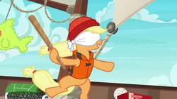 Size: 1280x720 | Tagged: safe, screencap, applejack, earth pony, pony, g4, ppov, blindfold, female, freckles, lifejacket, mare, open mouth, outfit catalog, piñata, solo, stick