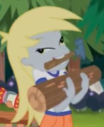 Size: 363x443 | Tagged: safe, screencap, derpy hooves, equestria girls, g4, my little pony equestria girls: legend of everfree, derpy being derpy, great moments in animation, hammer, lantern, lidded eyes, log, majestic as fuck, mouth hold, silly human