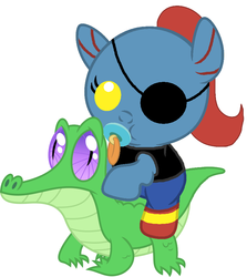 Size: 836x937 | Tagged: safe, artist:red4567, gummy, pony, g4, baby, baby fish, baby pony, crossover, cute, pacifier, ponies riding gators, ponified, riding, undertale, undyne