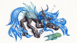 Size: 3000x1688 | Tagged: safe, artist:michiito, queen chrysalis, changeling, changeling queen, g4, cute, cutealis, female, sleeping, solo, traditional art, zzz