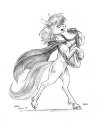 Size: 1200x1456 | Tagged: safe, artist:baron engel, oc, oc only, oc:lyric, pony, bard, bipedal, fantasy class, lute, monochrome, musical instrument, pencil drawing, singing, solo, traditional art