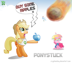 Size: 2500x2200 | Tagged: safe, artist:cryptmonkey, applejack, pinkie pie, rainbow dash, g4, buy some apples, crossover, glasses, hat, homestuck, john egbert, meteor, this will end in tears and/or death, umbrella hat