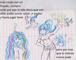 Size: 2342x1851 | Tagged: safe, artist:elgatosabio, princess celestia, principal celestia, sonata dusk, equestria girls, g4, ball, clothes, crash, female, lined paper, shorts, spanish, t-shirt, tampon, tennis racket, traditional art, translated in the comments
