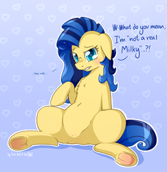 Size: 1941x2000 | Tagged: safe, artist:dsp2003, artist:lalieri, oc, oc only, oc:milky way, earth pony, pony, blushing, collaboration, featureless crotch, female, lip bite, mare, single panel, solo, spread legs, spreading, underhoof