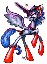 Size: 1622x2210 | Tagged: safe, artist:tuxedostallion, idw, princess luna, oc, oc:johesy, g4, reflections, spoiler:comic, alternate universe, boots, comic, crown, dark, evil, evil counterpart, evil luna, fight, grin, headpiece, jewelry, laughing, magic, marvel, mirror universe, my little pony comic, rearing, reflection, regalia, smiling, solo, tail wrap, traditional art