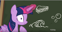 Size: 854x443 | Tagged: safe, screencap, twilight sparkle, alicorn, pony, g4, ppov, chalkboard, faic, female, mare, purple smart, shrunken pupils, solo, twilight sparkle (alicorn), twilight's blackboard