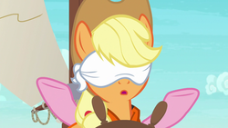 Size: 1280x720 | Tagged: safe, screencap, applejack, earth pony, pony, g4, ppov, :o, blindfold