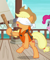 Size: 593x720 | Tagged: safe, screencap, applejack, pinkie pie, pony, g4, ppov, blindfold, cropped, stick