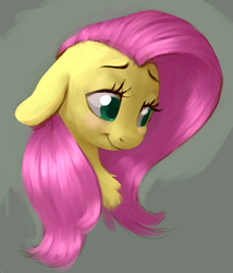 Size: 722x844 | Tagged: safe, artist:chef j, fluttershy, g4, blushing, bust, female, floppy ears, looking away, portrait, simple background, smiling, solo