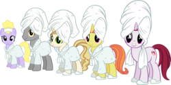 Size: 2591x1281 | Tagged: safe, artist:ironm17, caesar, cayenne, citrus blush, count caesar, lyrica lilac, sweet biscuit, g4, bathrobe, clothes, group, simple background, slippers, towel, transparent background, vector