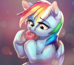 Size: 751x667 | Tagged: safe, artist:locksto, rainbow dash, pegasus, pony, g4, donut, eating, female, food, hoof hold, looking down, mare, messy eating, solo