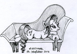 Size: 800x564 | Tagged: safe, artist:el-yeguero, rarity, g4, ppov, fainting couch, female, monochrome, solo, traditional art