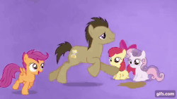 Size: 640x360 | Tagged: safe, screencap, apple bloom, doctor whooves, scootaloo, sweetie belle, time turner, earth pony, pegasus, pony, unicorn, g4, hearts and hooves day (episode), season 2, abstract background, animated, covered in mud, cutie mark crusaders, female, filly, gif, hearts and hooves day, male, mud, muddy, splash, stallion, the perfect stallion