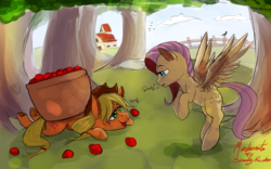 Size: 1920x1200 | Tagged: safe, artist:miokomata, applejack, fluttershy, g4, apple, basket, clumsy, duo, farm, fruit, heavy, open mouth, request, requested art, signature, sweet apple acres
