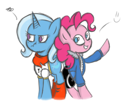 Size: 1221x1017 | Tagged: safe, artist:forestheart74, pinkie pie, trixie, pony, unicorn, g4, crossover, female, mare, papyrus (undertale), sans (undertale), sans pie, the great and powerful papyrus, undertale