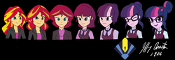 Size: 2804x960 | Tagged: dead source, safe, artist:penspark, sci-twi, sunset shimmer, twilight sparkle, equestria girls, g4, character to character, clothes, crystal prep academy, crystal prep academy uniform, crystal prep shadowbolts, glasses, open mouth, school uniform, sequence, smiling, transformation