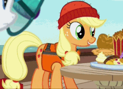 Size: 538x391 | Tagged: safe, screencap, applejack, rarity, pony, g4, ppov, season 6, animated, beanie, boat, circus peanuts, cupcake, female, food, gif, glasses, hat, licking, licking lips, lifejacket, loop, pie, solo, toffee apple, tongue out