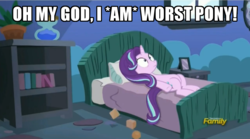 Size: 1280x712 | Tagged: safe, edit, edited screencap, screencap, starlight glimmer, pony, unicorn, every little thing she does, g4, background pony strikes again, downvote bait, drama, female, image macro, meme, op is a duck, op is trying to start shit, self deprecation, solo, starlight bedridden, starlight drama, thousand yard stare, worst pony