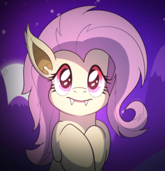 Size: 1698x1756 | Tagged: safe, artist:drawponies, fluttershy, bat pony, pony, g4, cute, fangs, female, flutterbat, full moon, looking at you, night sky, shyabetes, solo, stars