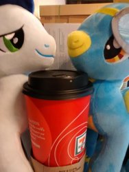 Size: 768x1024 | Tagged: safe, artist:onlyfactory, soarin', spitfire, pony, g4, 7 eleven, 7-eleven, bootleg, coffee, date, irl, lidded eyes, male, photo, plushie, seven eleven, ship:soarinfire, shipping, straight