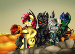 Size: 3509x2550 | Tagged: safe, artist:pridark, oc, oc only, pony, zebra, fallout equestria, armor, bipedal, clothes, commission, group, high res, loose hair, sword, wasteland, weapon