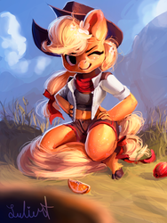 Size: 800x1065 | Tagged: safe, artist:lulemt, applejack, earth pony, anthro, unguligrade anthro, g4, cloven hooves, female, looking at you, one eye closed, signature, solo, wink