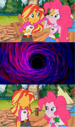 Size: 607x1024 | Tagged: safe, edit, edited screencap, screencap, pinkie pie, sunset shimmer, equestria girls, g4, my little pony equestria girls: legend of everfree, blank face, discovery kids, i have no mouth and i must scream, meme, no face, sunset sees things, void, vortex