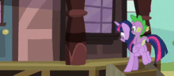 Size: 608x267 | Tagged: safe, screencap, spike, twilight sparkle, alicorn, pony, g4, ppov, animated, cropped, cute, eyes closed, gif, jumping, stairs, twilight sparkle (alicorn)