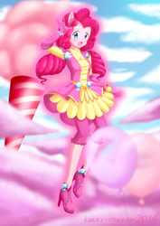 Size: 3508x4961 | Tagged: safe, artist:kateychazuu, pinkie pie, human, equestria girls, g4, my little pony equestria girls: legend of everfree, absurd resolution, anime, clothes, cloud, cotton candy, crystal guardian, cute, dessert, dress, eared humanization, female, geode of sugar bombs, high heels, humanized, magical geodes, magical girl, open mouth, pony ears, sky, solo