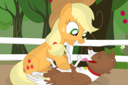 Size: 3526x2354 | Tagged: safe, artist:porygon2z, applejack, winona, dog, earth pony, pony, g4, bellyrubs, cute, high res, jackabetes, vector, winonabetes