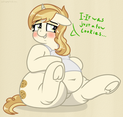 Size: 1243x1184 | Tagged: safe, artist:coatieyay, sweet biscuit, pony, unicorn, apron, belly, belly button, blatant lies, blushing, chubby, clothes, crumbs, fat, female, frog (hoof), large butt, solo, underhoof