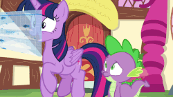 Size: 893x502 | Tagged: safe, edit, edited screencap, screencap, spike, twilight sparkle, alicorn, dragon, pony, g4, ppov, animated, building, confused, cute, dance dance revolution, dancing, female, gif, looking up, loop, mare, outdoors, rhythm game, smiling, twilight sparkle (alicorn)