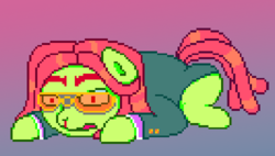 Size: 500x284 | Tagged: safe, artist:grinwild, tree hugger, g4, blood, female, glasses, lying down, nosebleed, pixel art, solo