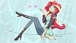 Size: 1280x720 | Tagged: safe, artist:shainilia, sunset shimmer, equestria girls, g4, clothes, crossed legs, female, high heel boots, leather jacket, looking at you, pants, signature, sitting, solo