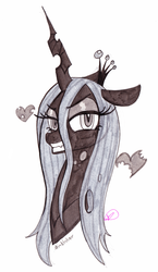 Size: 581x1000 | Tagged: safe, artist:ryuredwings, queen chrysalis, changeling, changeling queen, g4, crown, female, heart, inktober, jewelry, looking at you, regalia, solo, traditional art