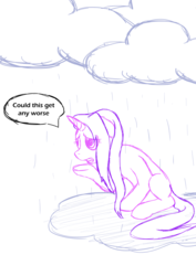 Size: 876x1239 | Tagged: safe, artist:alixnight, starlight glimmer, pony, unicorn, every little thing she does, g4, dialogue, female, mare, raised hoof, scene interpretation, sitting, solo, speech bubble, stormcloud, wet mane, wet mane starlight glimmer