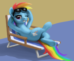 Size: 2125x1772 | Tagged: safe, artist:odooee, rainbow dash, pegasus, pony, every little thing she does, g4, arm behind head, chillaxing, crossed legs, female, looking at you, mare, one eye closed, solo, sunglasses, wink