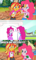 Size: 1366x2304 | Tagged: safe, edit, edited screencap, screencap, pinkie pie, sunset shimmer, equestria girls, g4, my little pony equestria girls: legend of everfree, discovery kids, meme, self paradox, self ponidox, sunset sees things