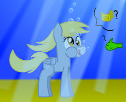 Size: 1709x1385 | Tagged: safe, artist:bladedragoon7575, derpy hooves, fish, pegasus, pony, g4, bubble, crepuscular rays, female, flowing mane, flowing tail, holding breath, mare, ocean, open mouth, open smile, seabed, smiling, solo, sunlight, tail, underwater, water