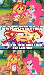 Size: 500x843 | Tagged: safe, pinkie pie, sunset shimmer, equestria girls, g4, my little pony equestria girls: legend of everfree, crossing the memes, exploitable meme, image macro, meme, op is a genius, op is a swan, subverted meme, sunset is not willing to learn, sunset sees things, wrong aspect ratio