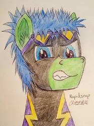 Size: 719x960 | Tagged: safe, artist:rapidsnap, oc, oc only, oc:rapidsnap, pegasus, pony, bust, clothes, costume, male, shadowbolts, shadowbolts costume, solo, stallion, traditional art