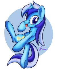 Size: 1800x2200 | Tagged: safe, artist:atmosseven, minuette, pony, g4, chest fluff, cute, ear fluff, female, looking at you, solo, tongue out, underhoof
