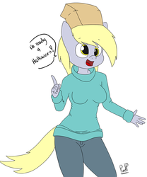 Size: 1024x1229 | Tagged: safe, artist:redprep, derpy hooves, anthro, g4, breasts, female, paper bag, paper bag wizard, simple background, solo, white background