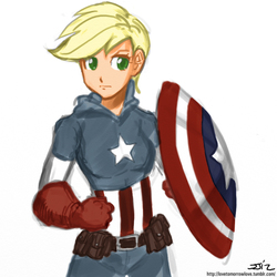 Size: 850x850 | Tagged: safe, artist:ixalon, artist:johnjoseco, color edit, edit, applejack, human, g4, amerijack, blonde, captain america, clothes, colored, cosplay, costume, female, hatless, humanized, missing accessory, simple background, solo, white background