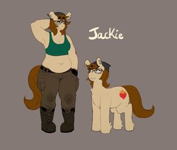Size: 1024x868 | Tagged: safe, artist:lumo, oc, oc only, oc:jackie trade, anthro, anthro ponidox, armpits, bandana, belly button, belt, boots, chest fluff, chubby, clothes, duality, ear piercing, earring, glasses, head scratch, jewelry, looking down, looking up, piercing, plump, self ponidox, smirk, tank top