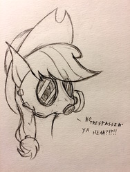 Size: 2448x3264 | Tagged: safe, artist:thesubtle, applejack, g4, female, gas mask, high res, mask, solo, traditional art